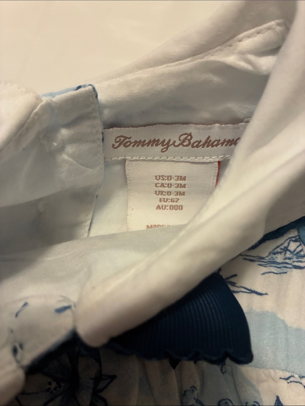 Tommy Bahama Blue & White Sailboat Print Infant One-Piece with Navy Bow - Picture 3 of 6